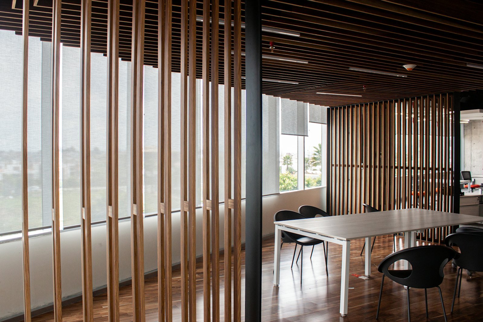 Roller shades along a meeting-room window