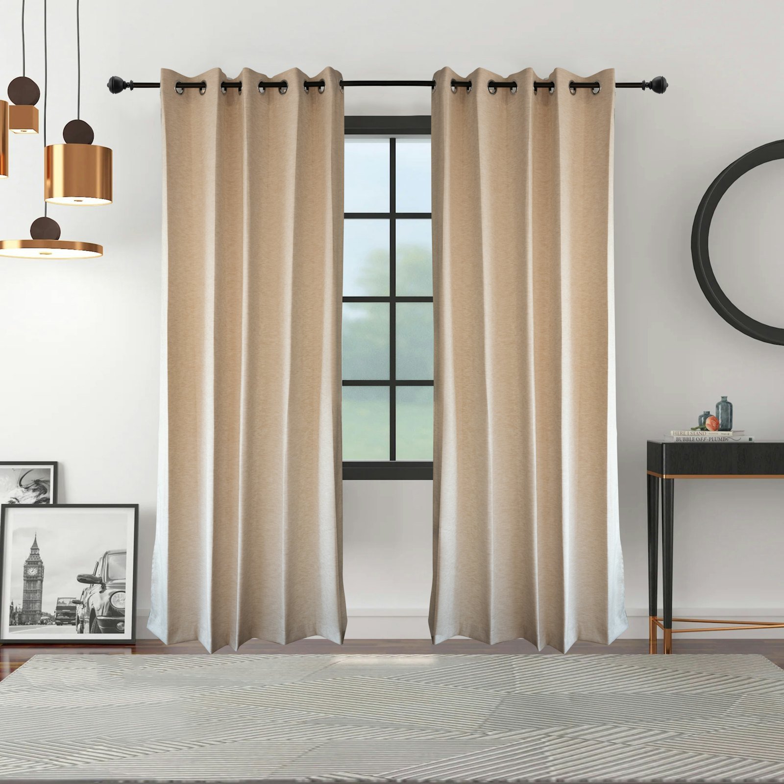 Sand-coloured curtains above a geometric rug