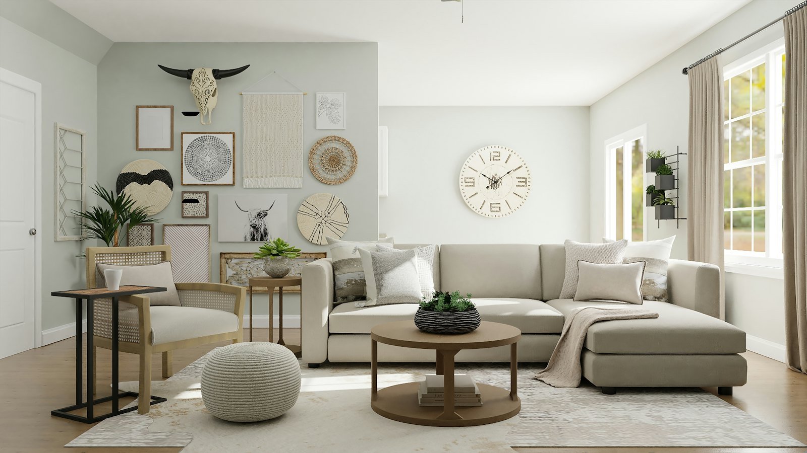 A beige sectional sofa with textured cushions and side curtains