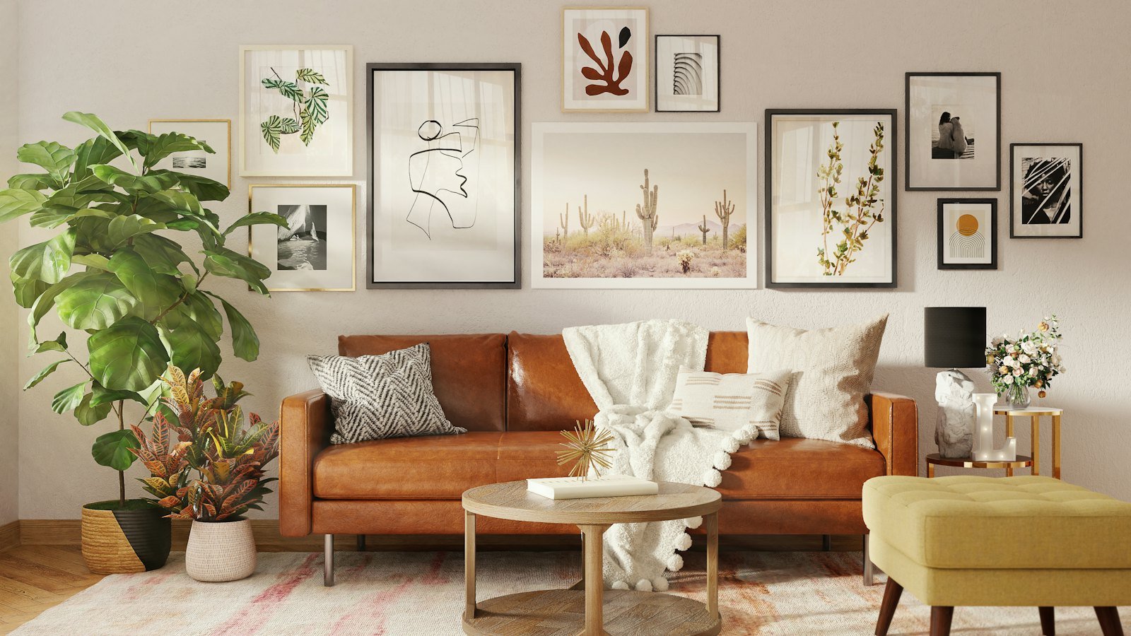 A caramel leather sofa with cushions against a textured wall