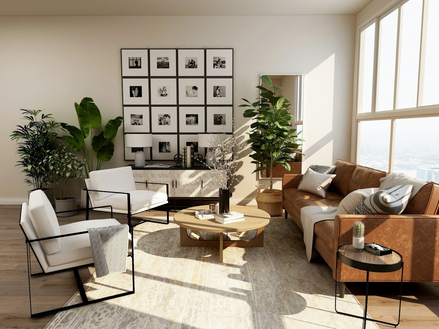 A living room gathered on a large patterned rug