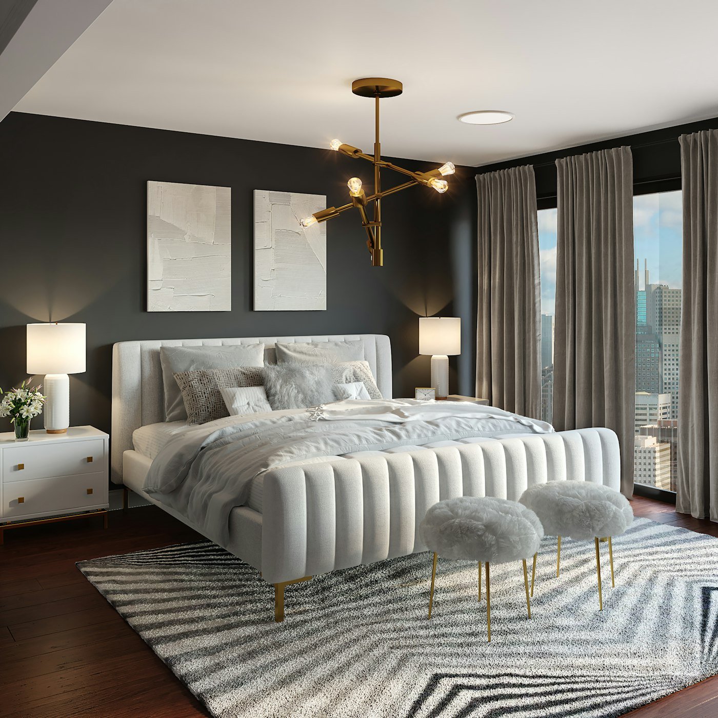 Full grey curtains beside a bedroom window
