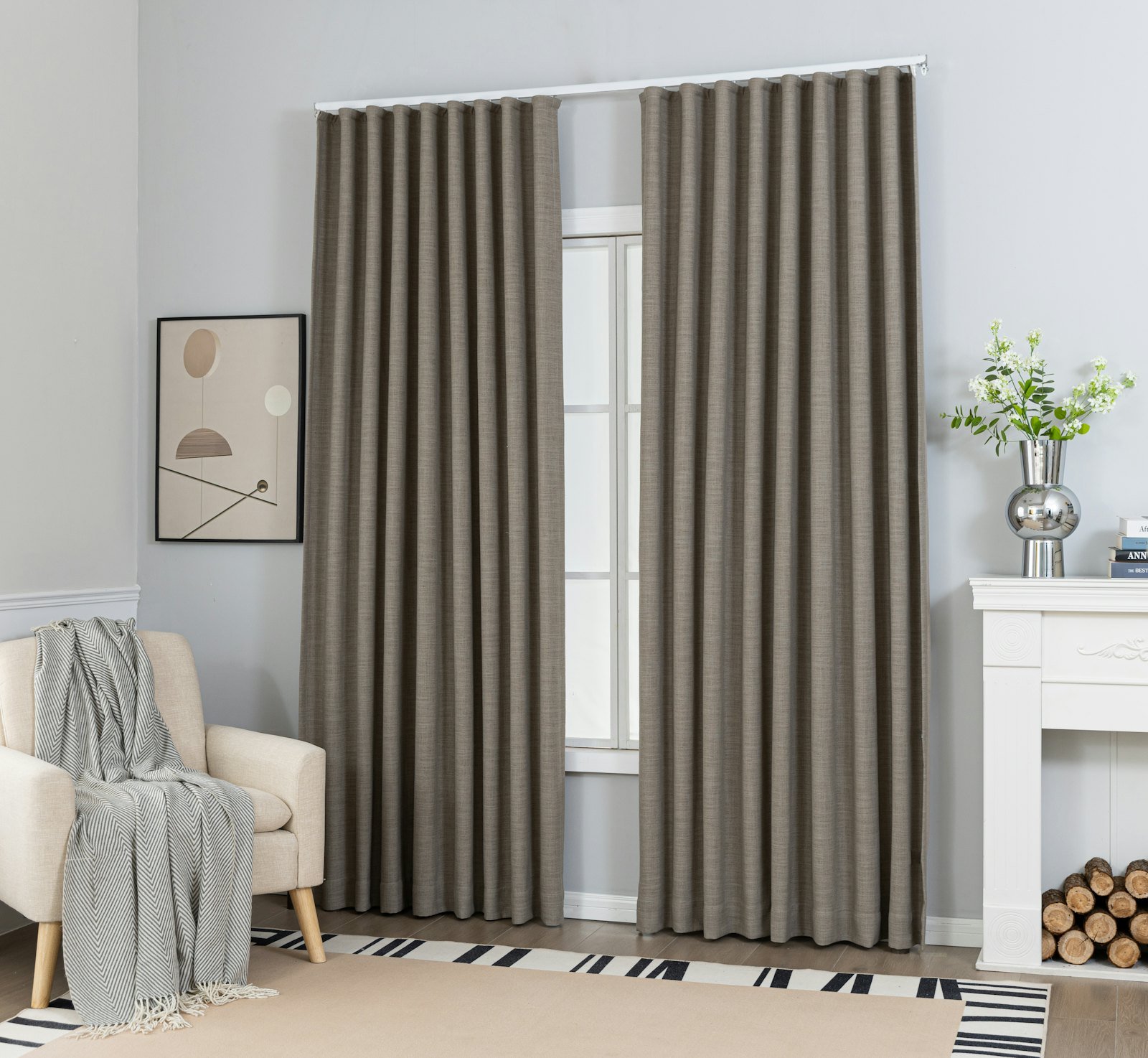 Taupe floor-length curtains in a furnished corner
